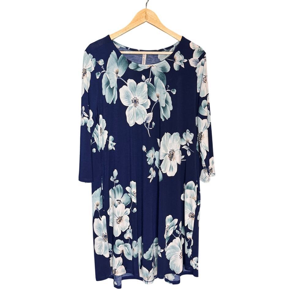 Dear Scarlett Women's Large Navy Blue Floral Swing Dress Pockets Stretch Midi